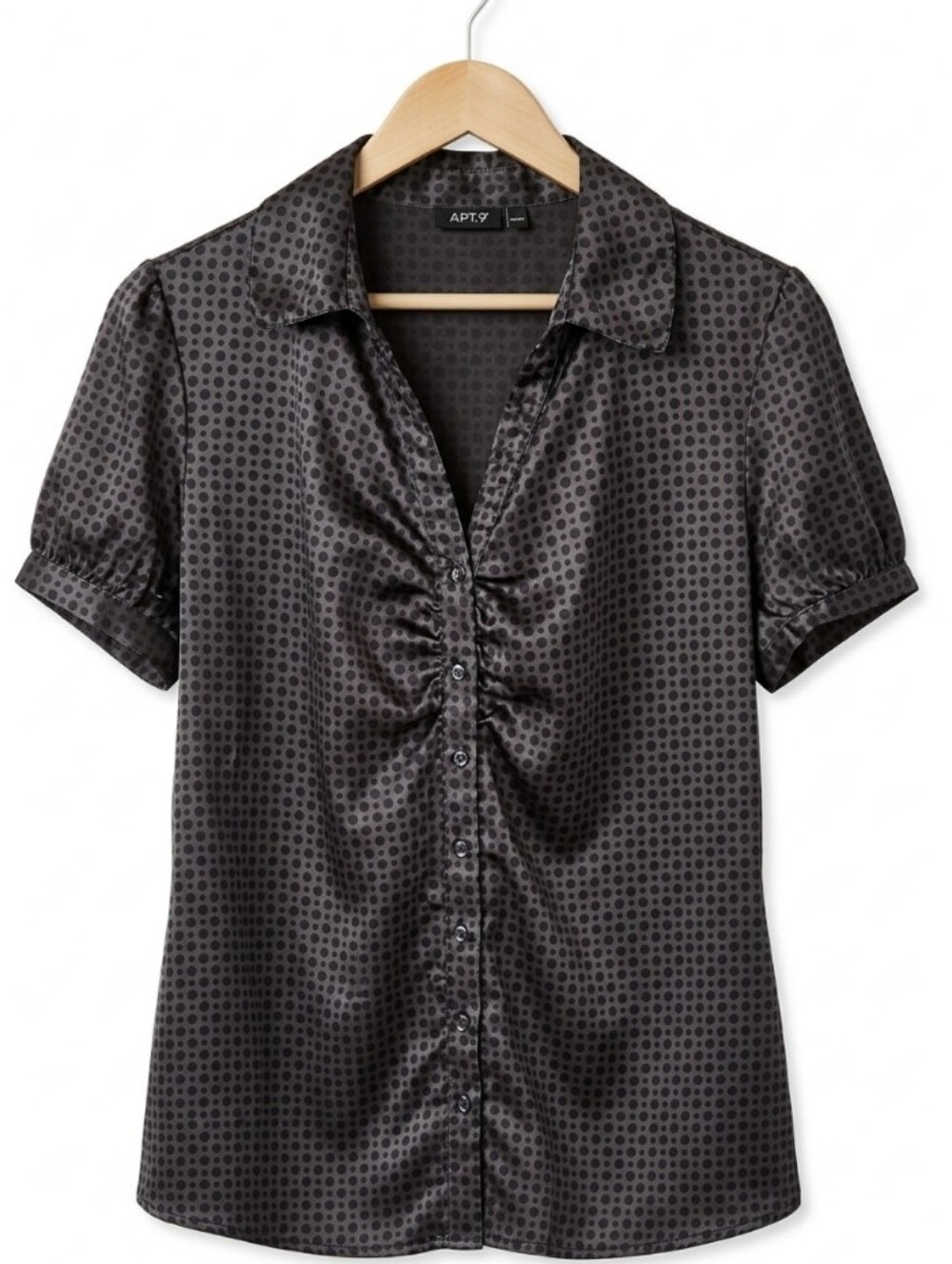 Black Satin Dot-Print Short Sleeve Button-Down